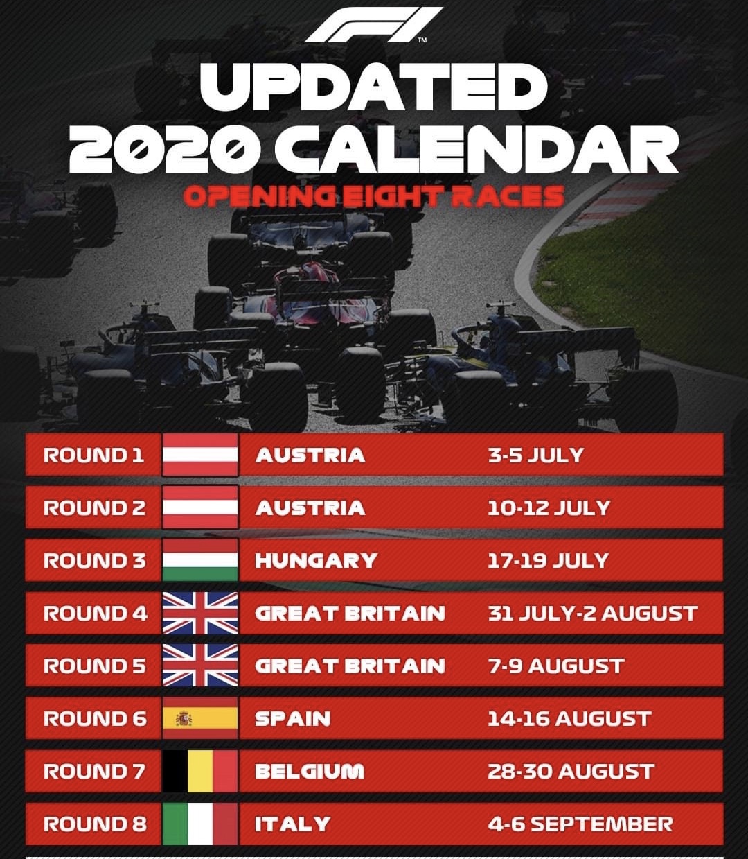 F1公布2020重启赛历 前8站欧洲赛事将全部空场