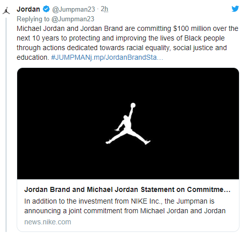 曝乔丹和旗下品牌承诺未来十年内将捐1亿美金 坚决对抗种族主义