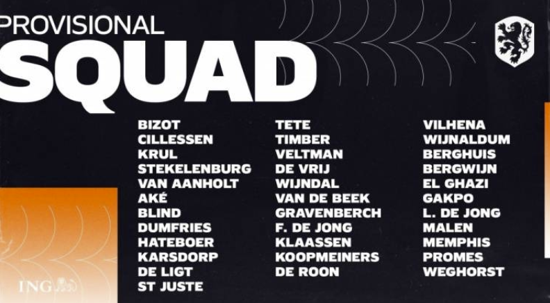 荷兰欧洲杯34人初选名单：德容领衔 无范迪克罗本
