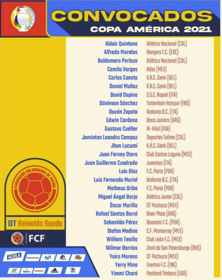 美洲杯-哥伦比亚28人大名单：J罗落选 夸德拉多领衔