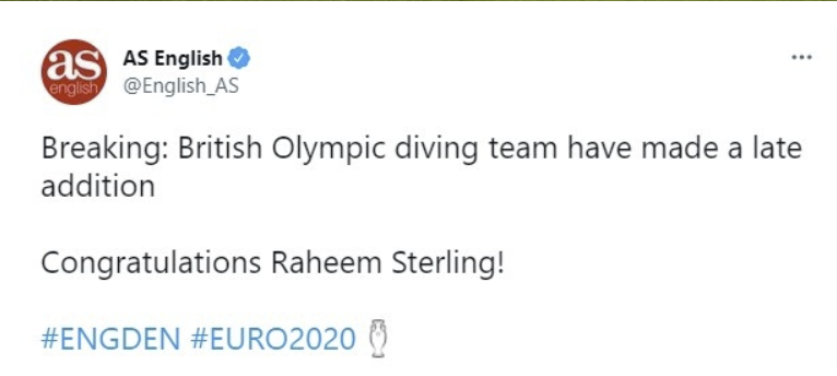 呵呵！阿斯报调侃斯特林倒地：恭喜英国奥运跳水队补招一人！