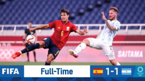 奥运男足-西班牙1-1阿根廷晋级淘汰赛 梅里诺破门贝尔蒙特扳平