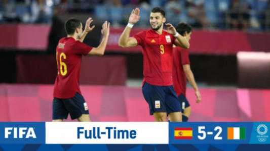奥运男足-西班牙5-2战胜科特迪瓦晋级四强 补时绝平+加时连入三球逆转