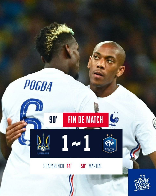 世预赛-法国1-1乌克兰 马夏尔失良机+救主迪亚比中柱
