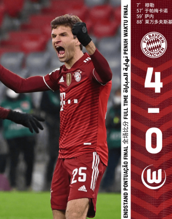 德甲-拜仁4-0狼堡各项赛事7连胜 莱万再破纪录穆勒传射