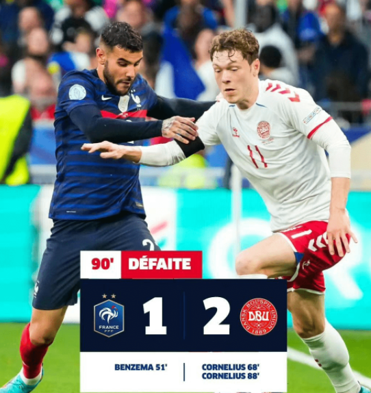 欧国联-丹麦2-1逆转战胜法国 本泽马破门科内柳斯双响姆巴佩伤退