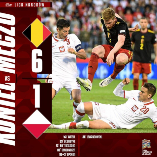 欧国联-比利时6-1大胜波兰 德布劳内破门特罗萨德双响+神仙球